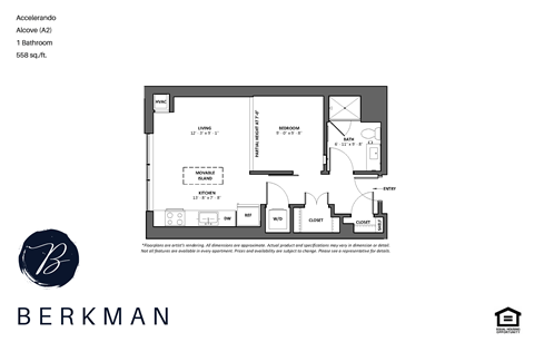Floor plan for 1 bed, 1 bath, 558 sqft